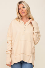 Cream Button Front Ribbed Trim Maternity Hooded Sweatshirt