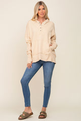 Cream Button Front Ribbed Trim Hooded Sweatshirt