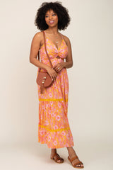 Yellow Floral Front Knot Cutout Crochet Trim Maternity Maxi Dress