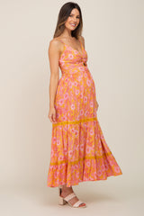 Yellow Floral Front Knot Cutout Crochet Trim Maternity Maxi Dress