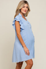 Light Blue Chambray Ruffle Sleeve Button Up Maternity Dress