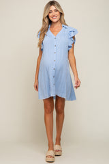 Light Blue Chambray Ruffle Sleeve Button Up Maternity Dress