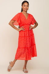 Coral Chiffon Animal Print Tiered Midi Dress