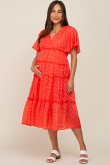 Coral Chiffon Animal Print Tiered Maternity Midi Dress