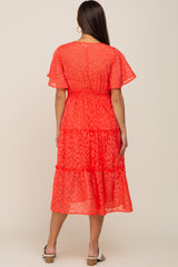 Coral Chiffon Animal Print Tiered Maternity Midi Dress