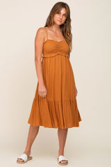 Camel Smocked Ruffle Accent Maternity Midi Dress