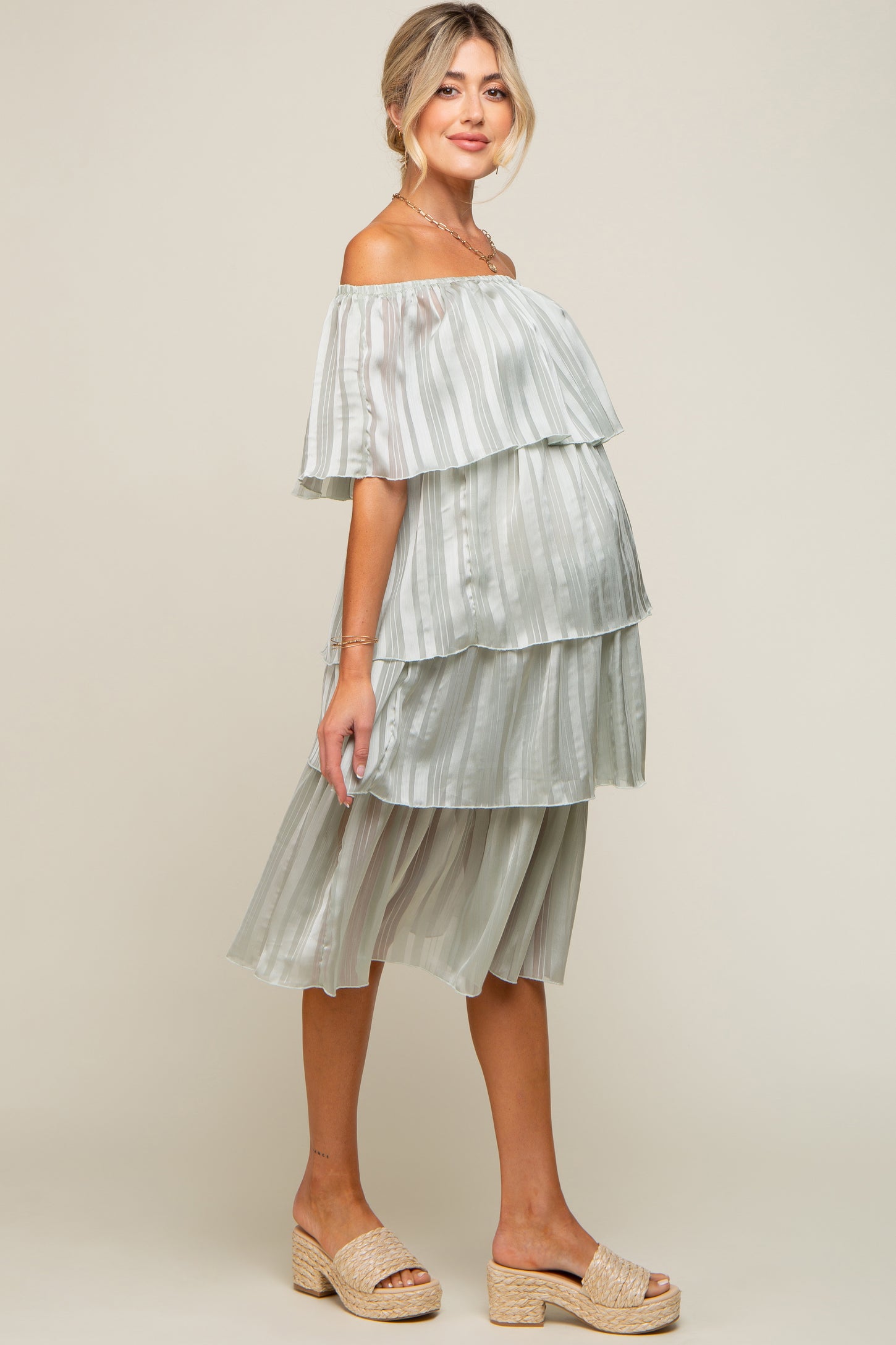 Light Mint Green Striped Layered Maternity Midi Dress