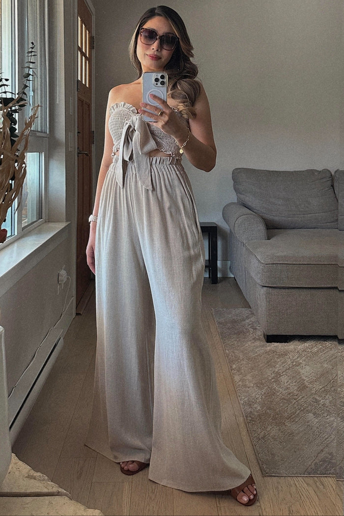 Beige Front Tie Crop Top and Pant Set