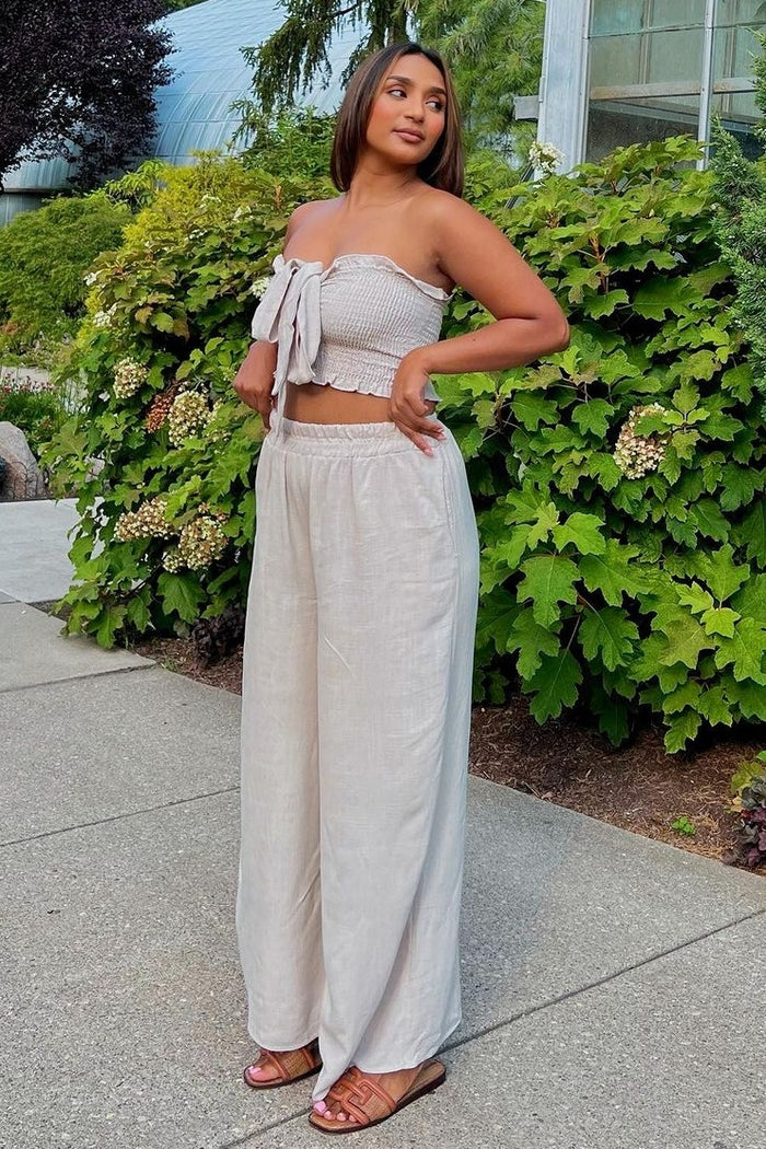 Beige Front Tie Crop Top and Pant Set