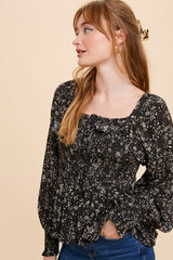 Black Smocked Ruffled Top