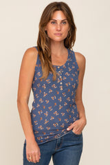 Blue Floral Ribbed Sleeveless Maternity Top