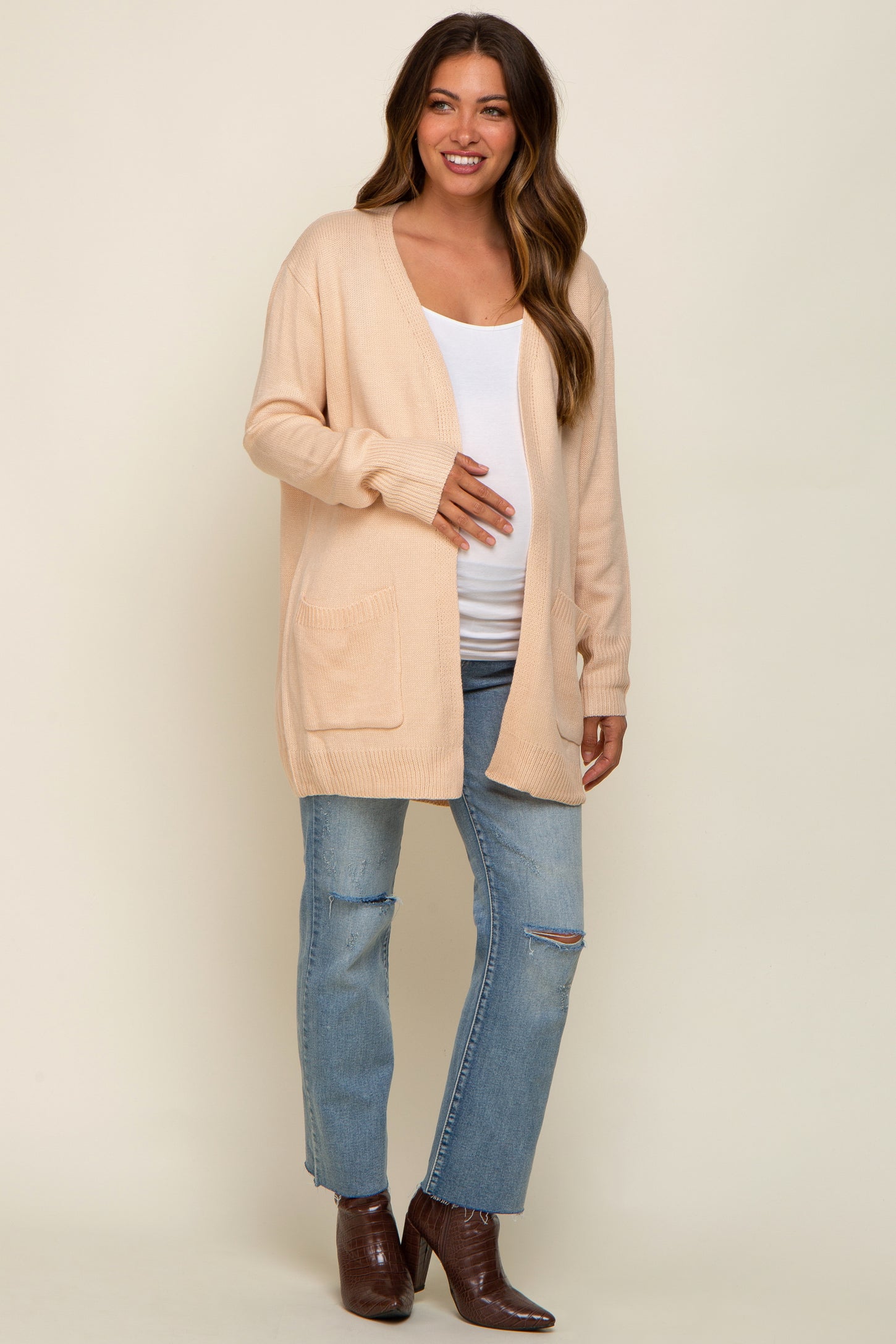 Beige Front Pocket Maternity Cardigan