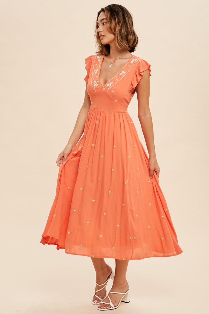 Coral  Floral Embroidered V Neck Midi Dress
