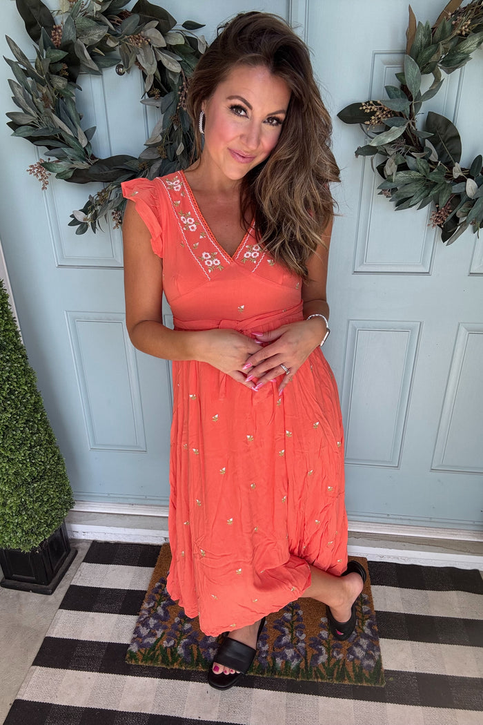 Coral  Floral Embroidered V Neck Midi Dress