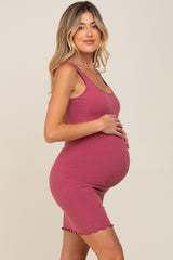 Mauve Ribbed Sleeveless Lettuce Hem Maternity Dress