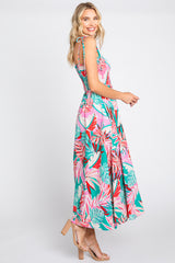 Turquoise Leaf Print Button Accent Maxi Dress