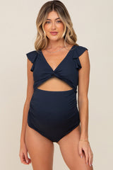 Navy Blue Ribbed Cutout Flutter One Piece Maternity Swimsuit