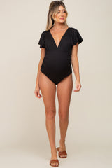 Black Deep V-Neck Flounce Maternity One Piece Swimsuit