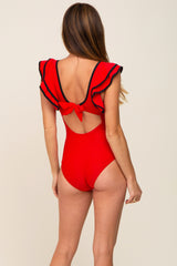 Red Color Blocked Ruffle Shoulder Cutout Back One Piece Swimsuit