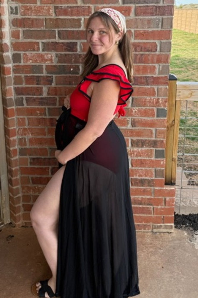 Red Color Blocked Ruffle Shoulder Cutout Back Maternity One Piece Swimsuit