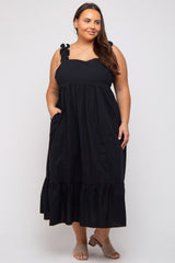 Black Ruffle Strap Back Tie Plus Midi Dress