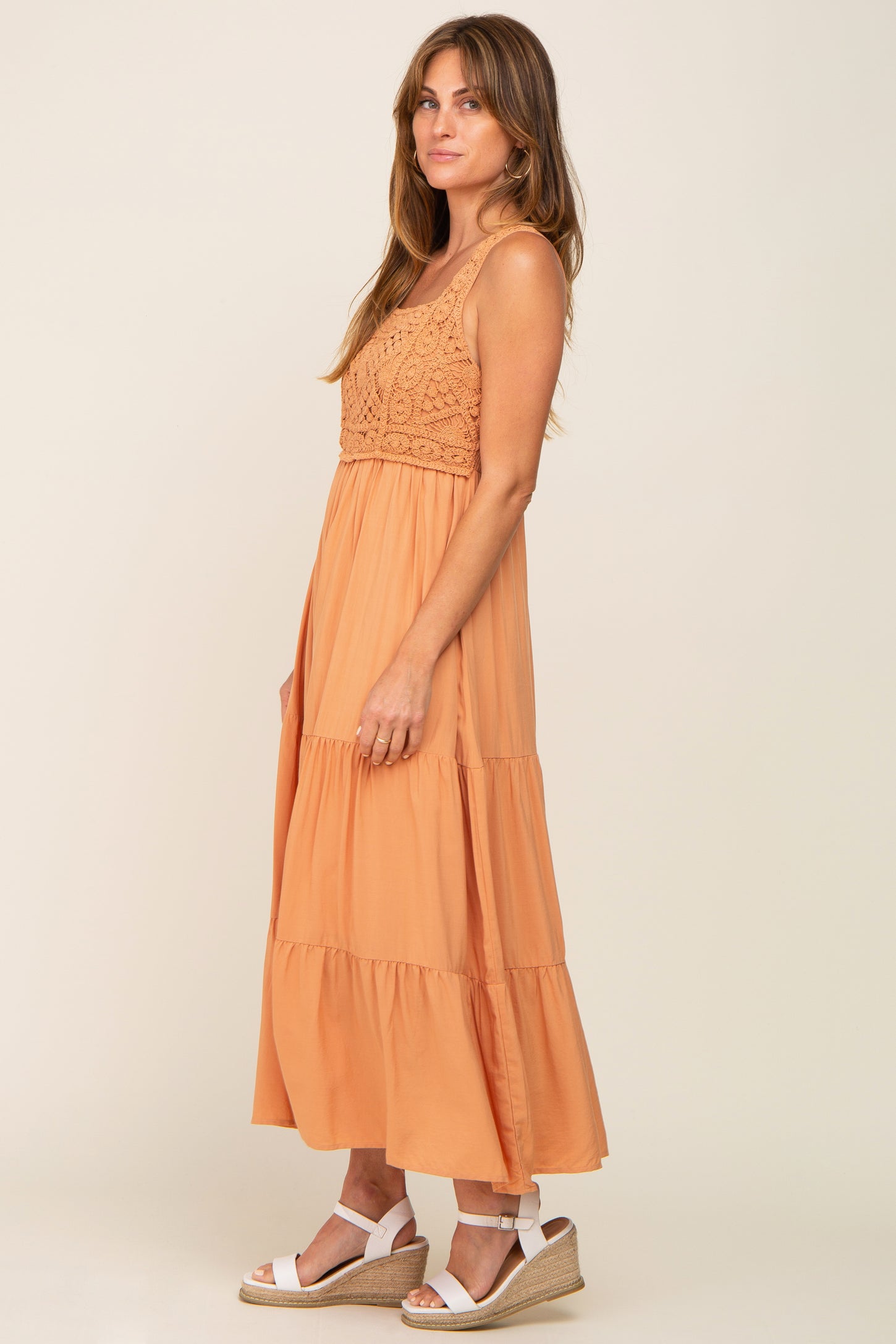 Peach Crochet Tiered Midi Dress