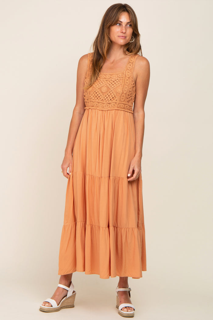 Peach Crochet Tiered Maternity Midi Dress