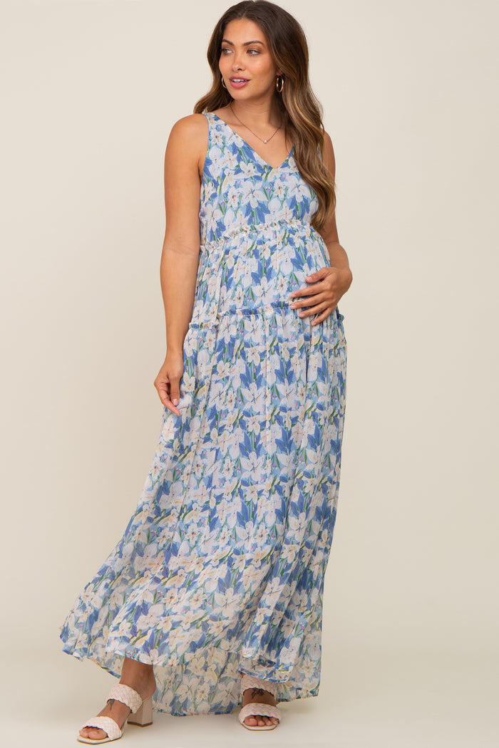 Blue Floral Chiffon Sleeveless Maternity Maxi Dress