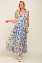 Blue Floral Chiffon Sleeveless Maxi Dress