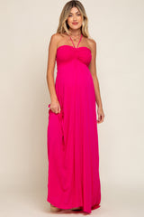 Fuchsia Smocked Halter Maternity Maxi Dress