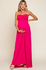 Fuchsia Smocked Halter Maternity Maxi Dress