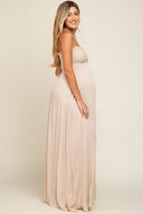 Beige Smocked Halter Maternity Maxi Dress