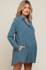 Teal Pinstriped Button-Down Linen Maternity Dress