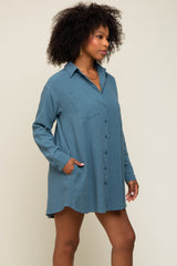 Teal Pinstriped Button-Down Linen Dress