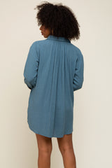 Teal Pinstriped Button-Down Linen Dress