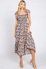 Black Floral Off Shoulder Smocked Midi Dress