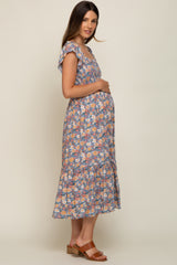 Blue Floral Off Shoulder Smocked Maternity Midi Dress