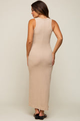 Beige Sleeveless Ribbed Maternity Maxi Dress