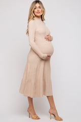 Beige Rib Knit Mock Neck A-Line Maternity Dress