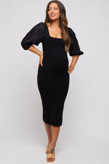 Black Floral Puff Sleeve Maternity Midi Dress