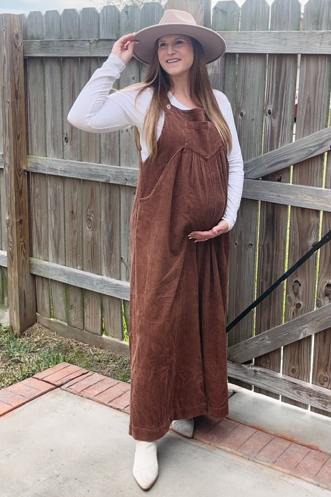 Mocha Corduroy Front Pleated Wide Leg Maternity Overalls
