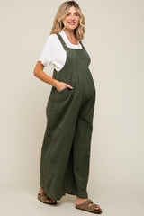 Olive Corduroy Front Pleated Wide Leg Maternity Overalls