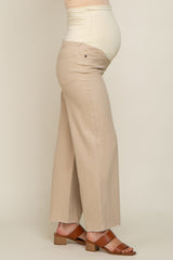 Beige Wide Leg Raw Hem Maternity Jeans