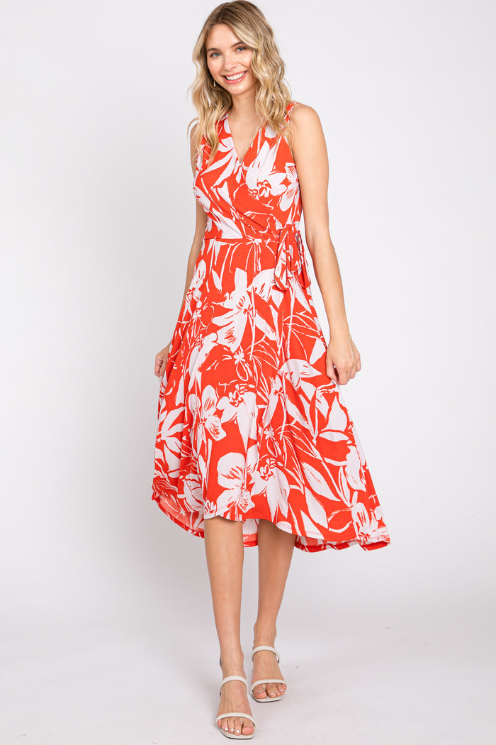 Red Flower Side Tie Maternity Wrap Dress