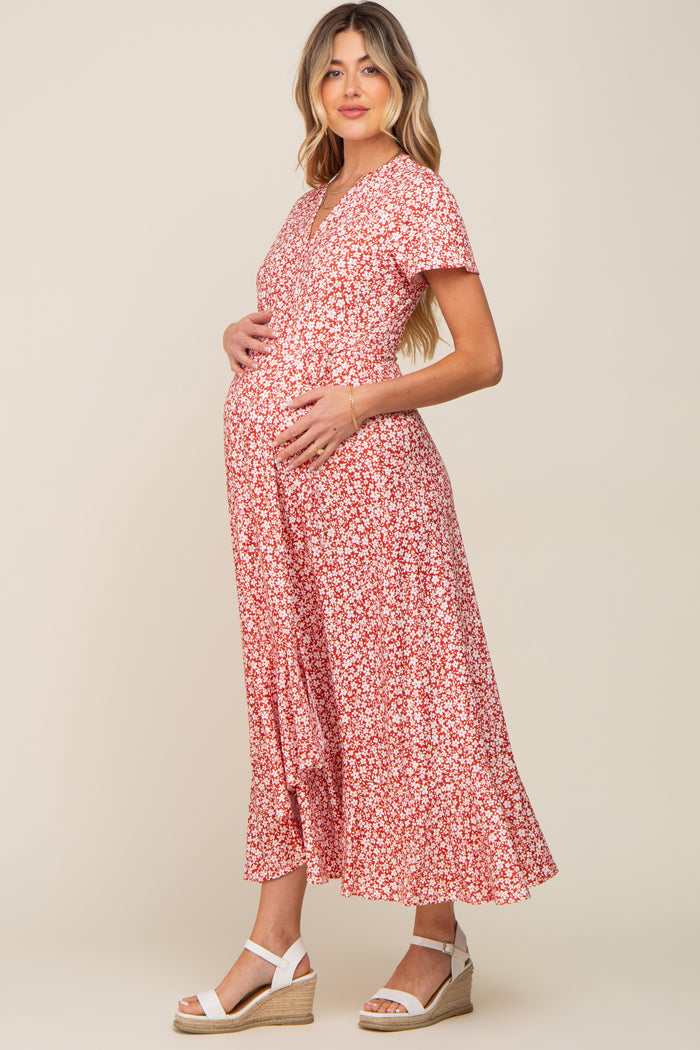 Red Floral Short Sleeve Maternity Wrap Maxi Dress