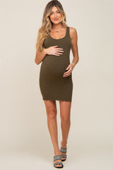 Olive Ribbed Sleeveless Lettuce Hem Maternity Dress