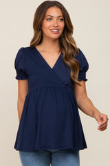 Navy Puff Sleeve Crossover Maternity/Nursing Top