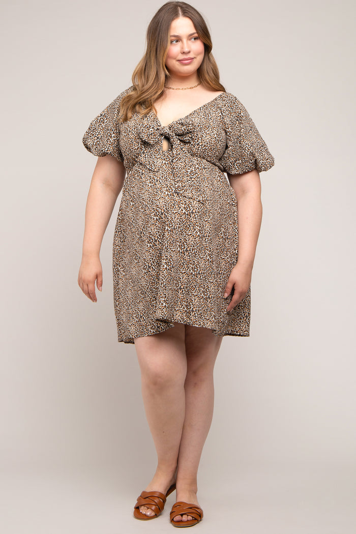 Cream Cheetah Print Knotted Puff Sleeve Plus Maternity Dress