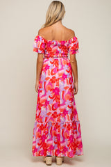Pink Floral Smocked Ruffle Short Sleeve Maternity Maxi Dress