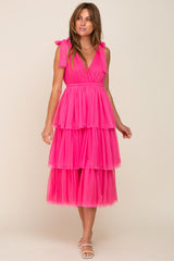 Fuchsia Sleeveless Tiered Tie Strap Tulle Midi Dress